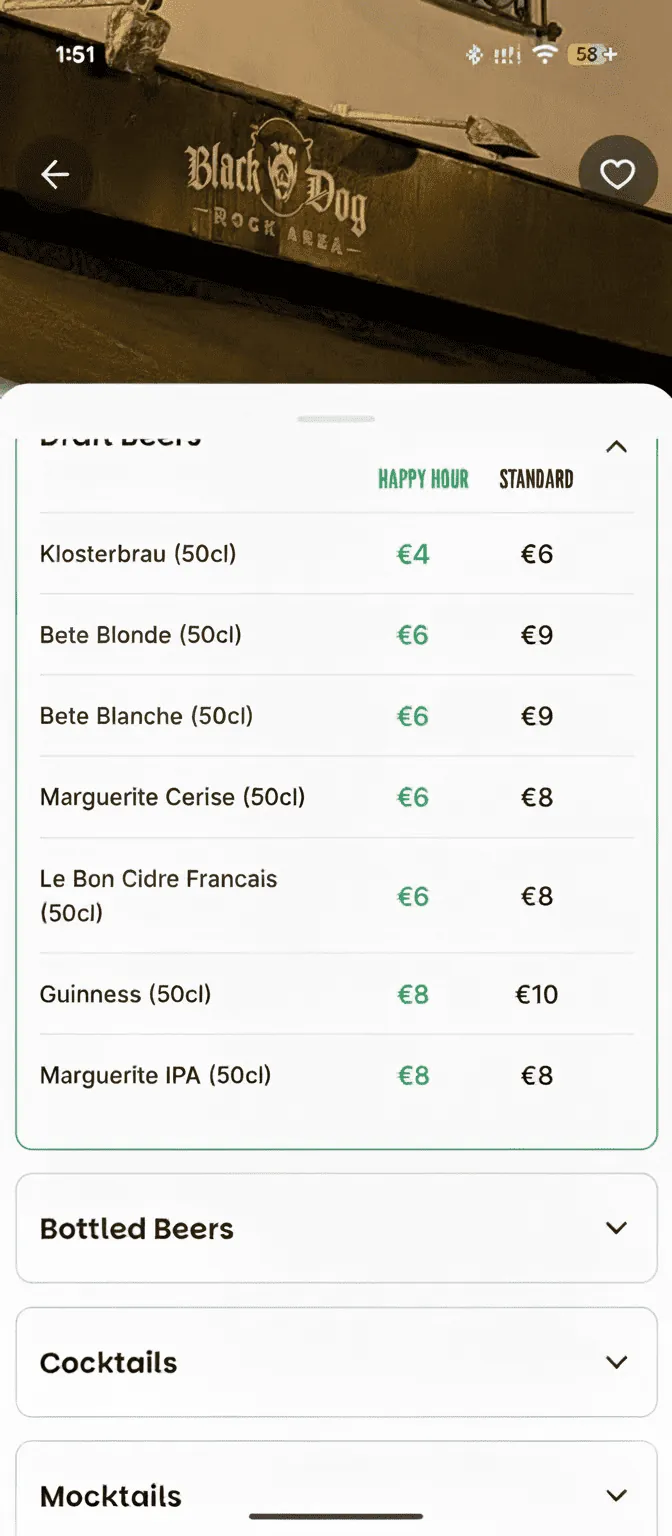 Venue menu with happy hour prices